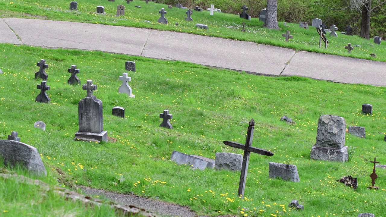春草上的墓地十字架和拇指石视频素材