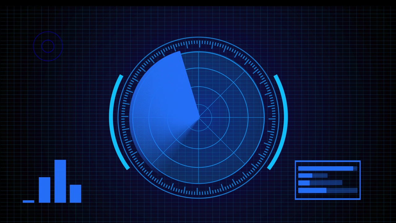 蓝色搜索雷达屏幕动画。黑色背景全息屏幕上的数字数据。视频素材