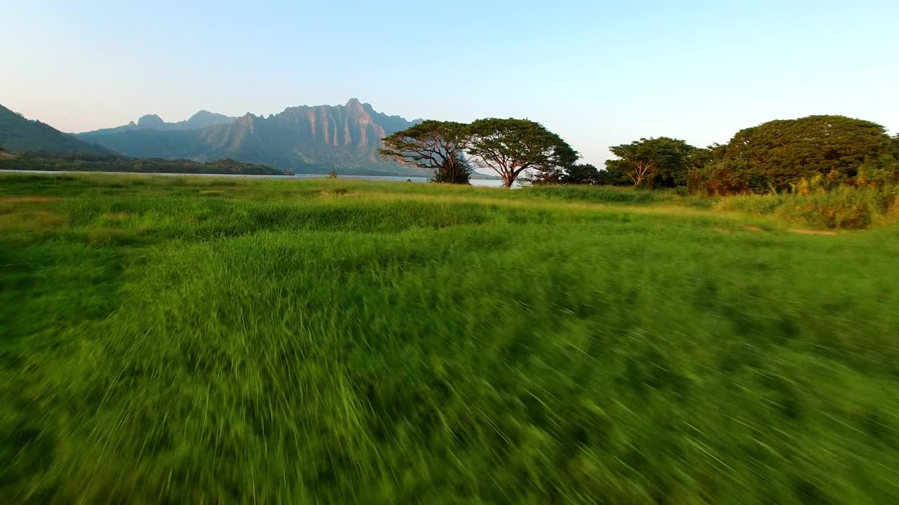 航拍的草附近的海和山对着天空，无人机上升向前景观在日落-瓦胡岛，夏威夷视频素材