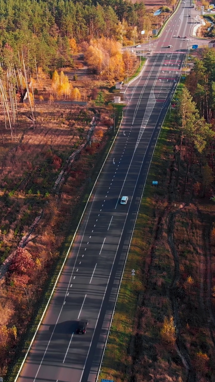 高速公路上有白色方向标志和行驶的车辆。垂直视频视频素材