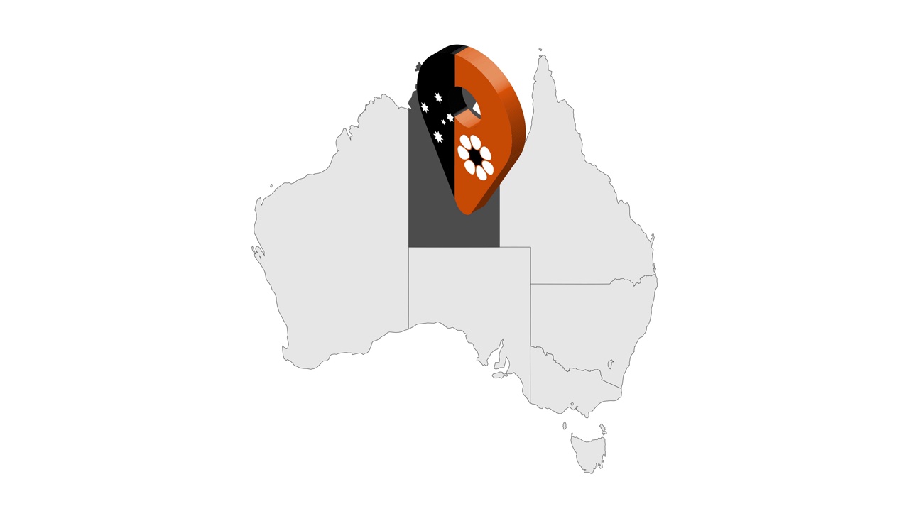 定位澳大利亚地图上的北领地。3d北领地旗帜地图标记定位针。澳大利亚地图显示了不同的部分。动画地图的国家和领土的澳大利亚。4K。视频视频素材