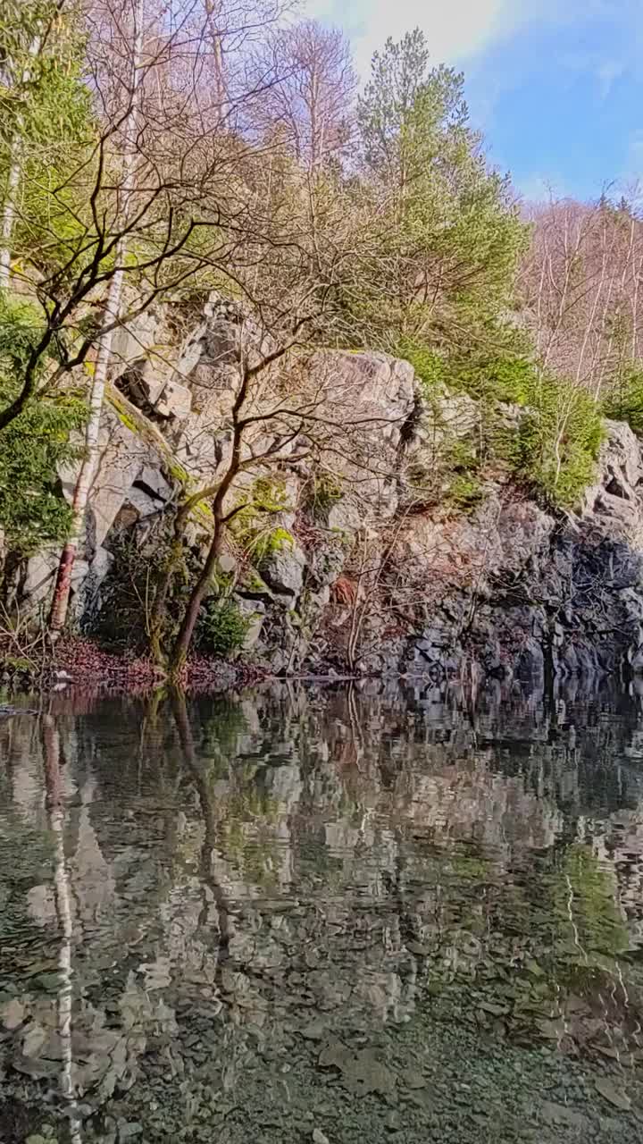 湖水清澈，石岸在森林中，树木映衬着白天的天空视频下载