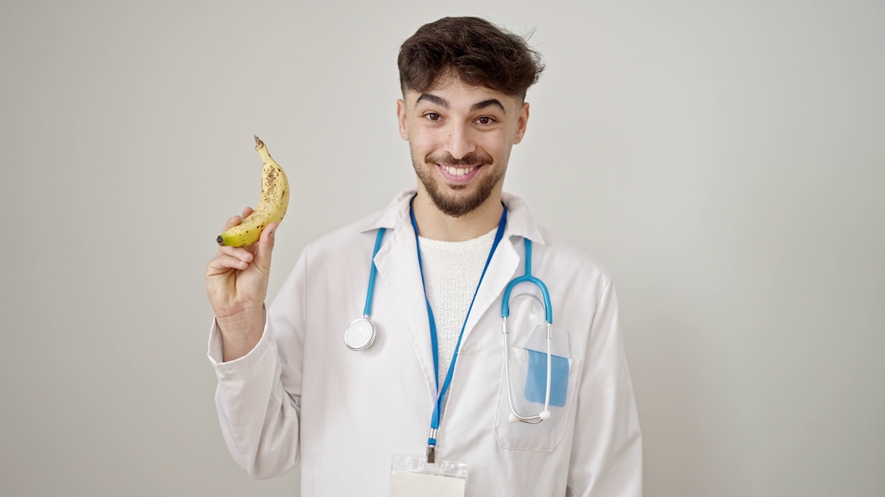 年轻的阿拉伯男子医生用手指指着孤立的白色背景上的香蕉视频素材