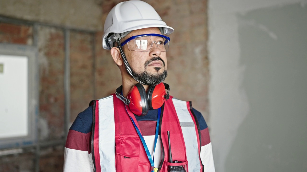 年轻的拉丁男建筑工人微笑着自信地站在建筑工地视频素材