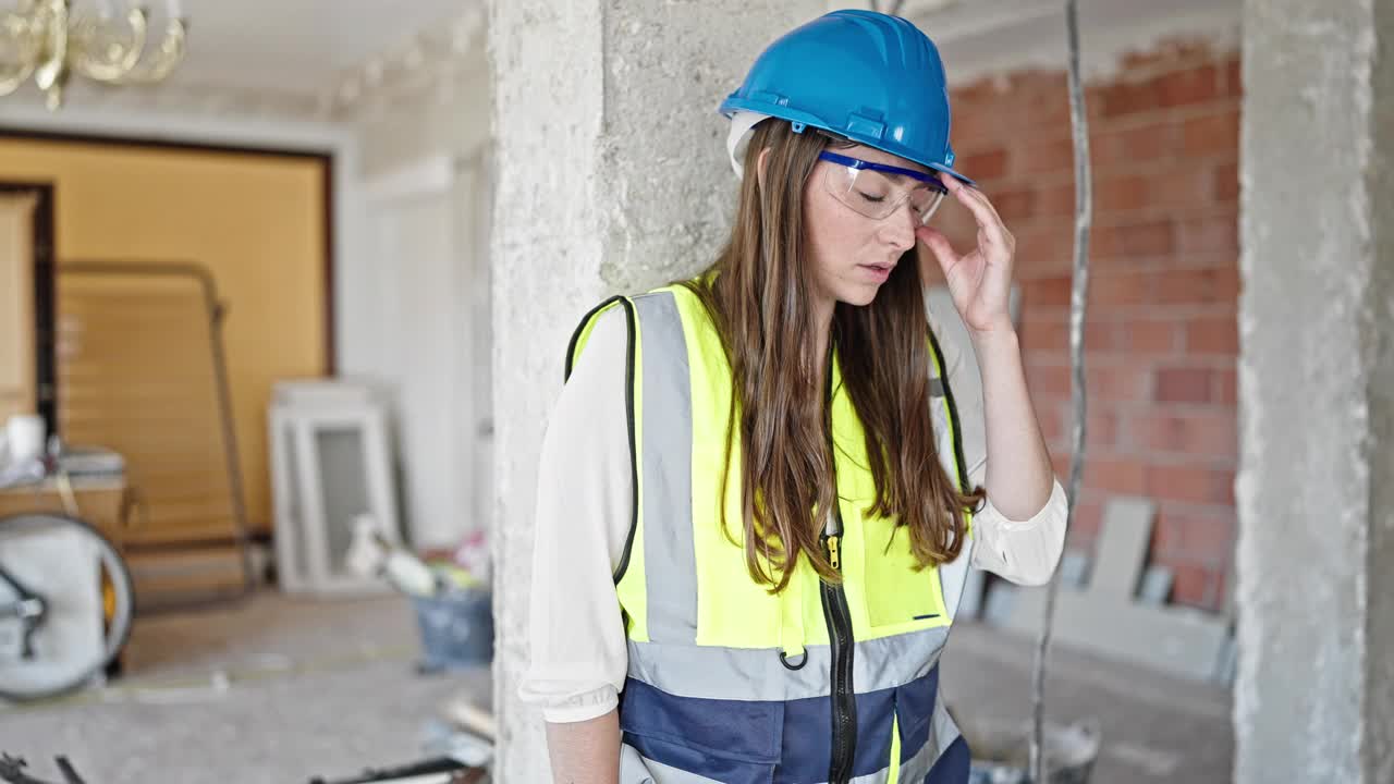 年轻美丽的西班牙女建筑工人疲倦地拿出眼镜和安全帽在建筑工地视频素材