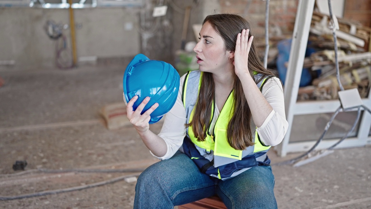 年轻漂亮的西班牙女建筑工人厌倦了在建筑工地使用安全帽作为手扇视频素材