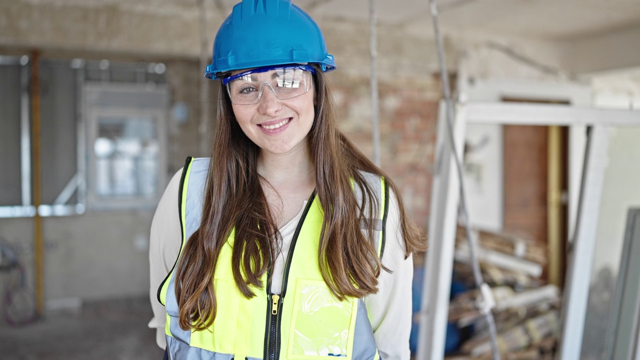 年轻美丽的西班牙女建筑工人微笑自信地站在建筑工地视频素材