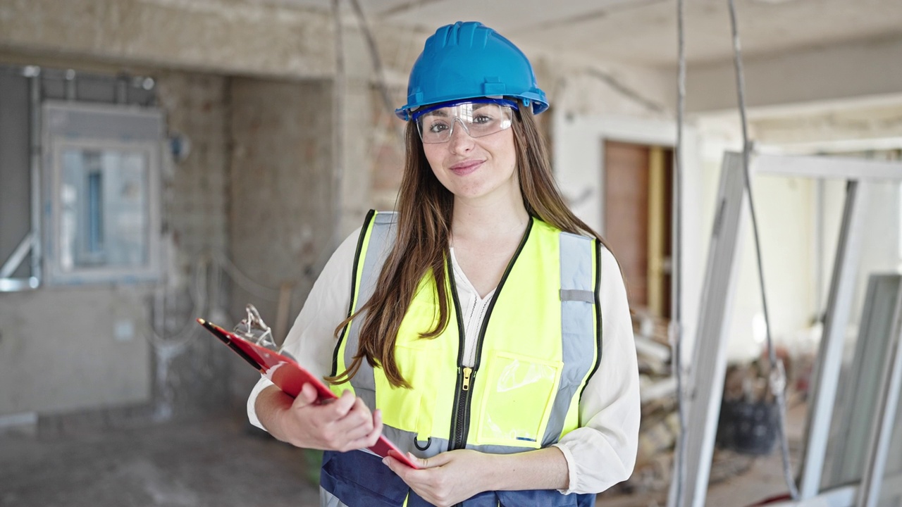 年轻美丽的西班牙女建筑工人微笑自信地拿着剪贴板在建筑工地视频素材