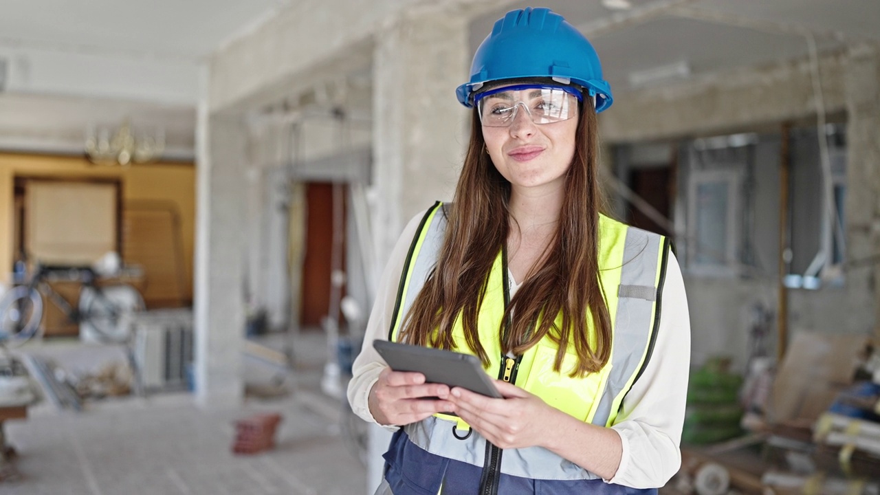 年轻漂亮的西班牙女建筑工人在工地上用触控板微笑视频素材