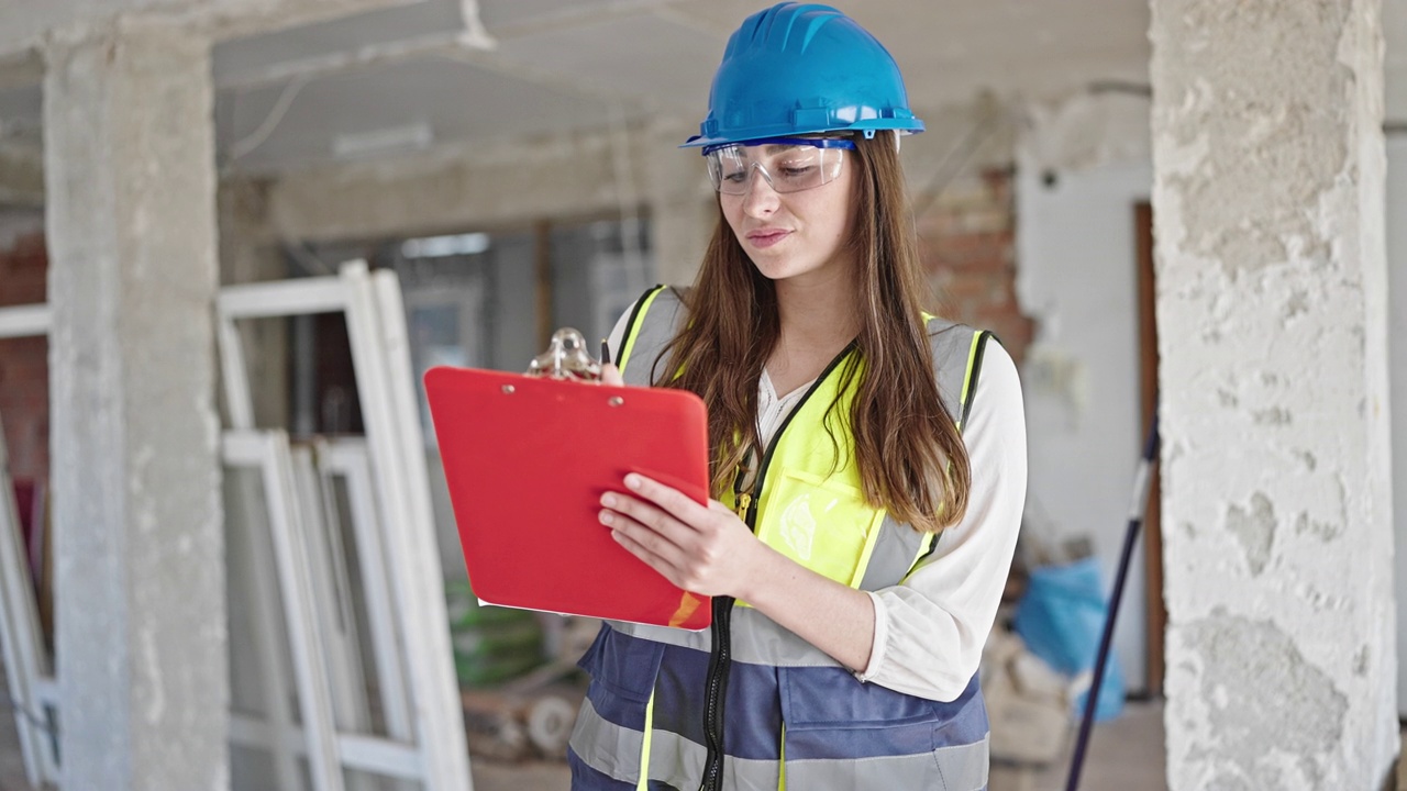 年轻美丽的西班牙女建筑工人微笑着自信地在建筑工地的剪贴板上写字视频素材