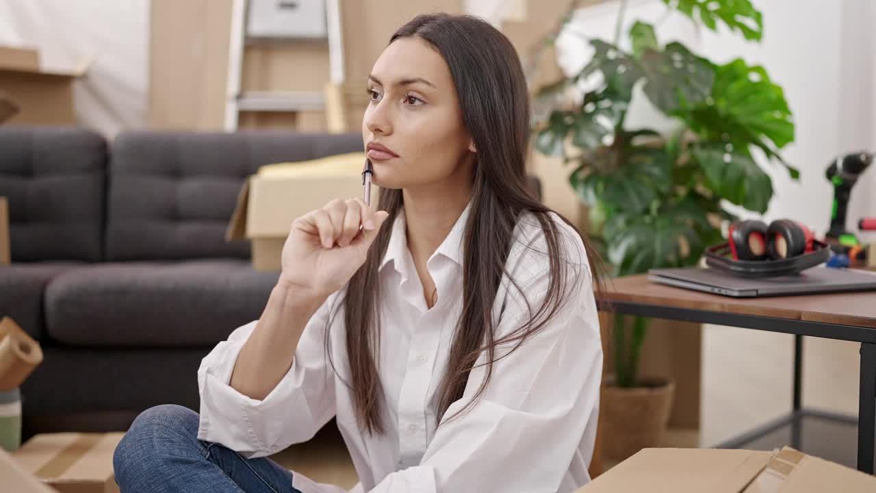 年轻美丽的西班牙女人坐在地板上，带着怀疑的表情在新家视频素材