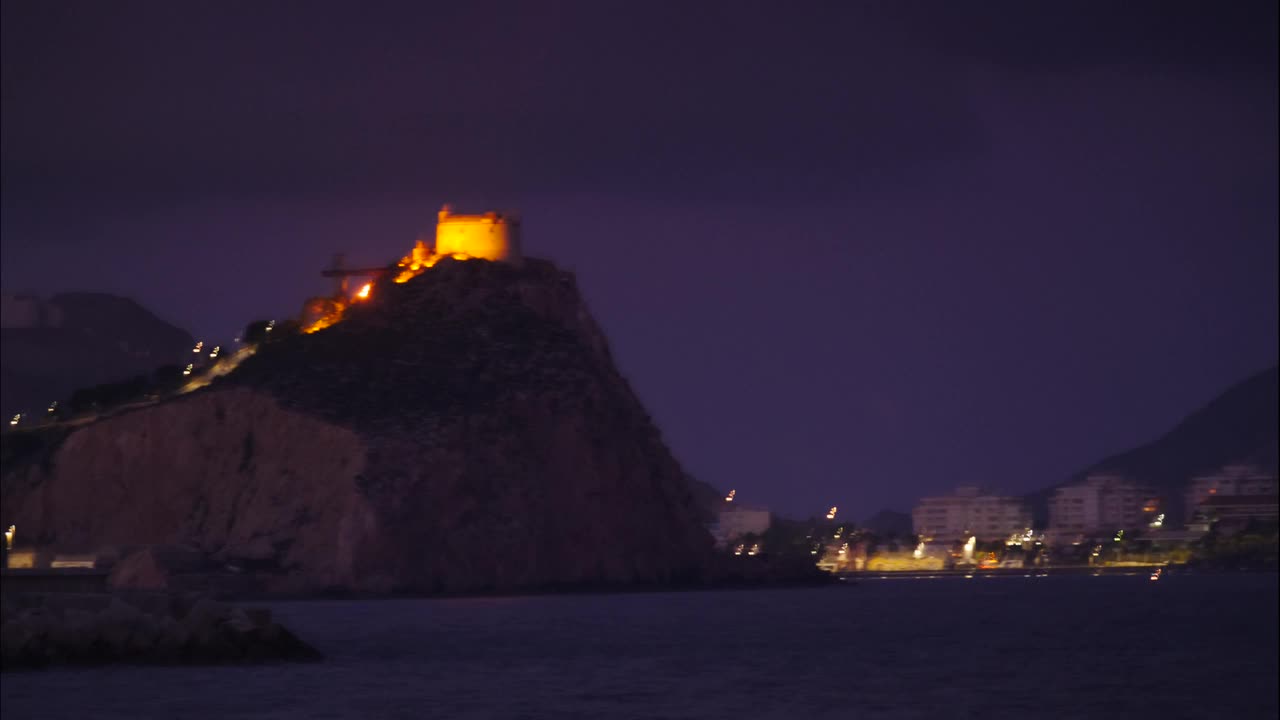 悬崖上的城堡夜景，阿吉拉斯，西班牙视频素材