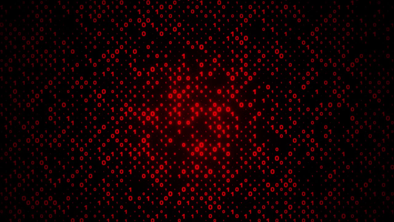 数字矩阵的红色1和0下降和闪烁。大数据二进制背景概念，计算机技术，信息与网络空间，NFT三维渲染视频素材