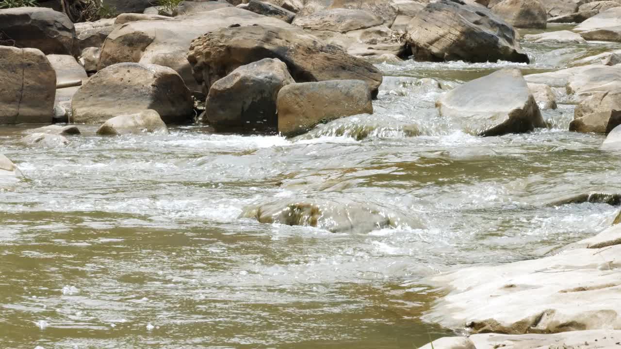 白天，水从岩石中流过。视频素材