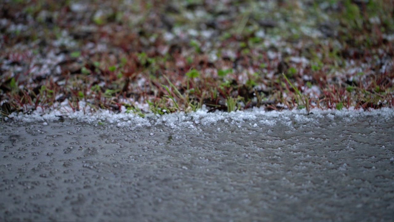 冰雹和雨水落在街上视频素材