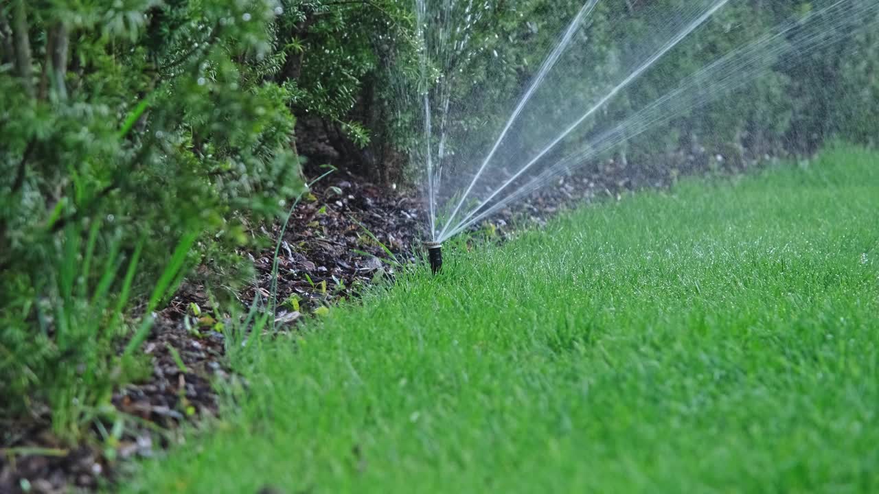 固定式可伸缩弹出式自动洒水喷头浇灌花园草坪视频素材