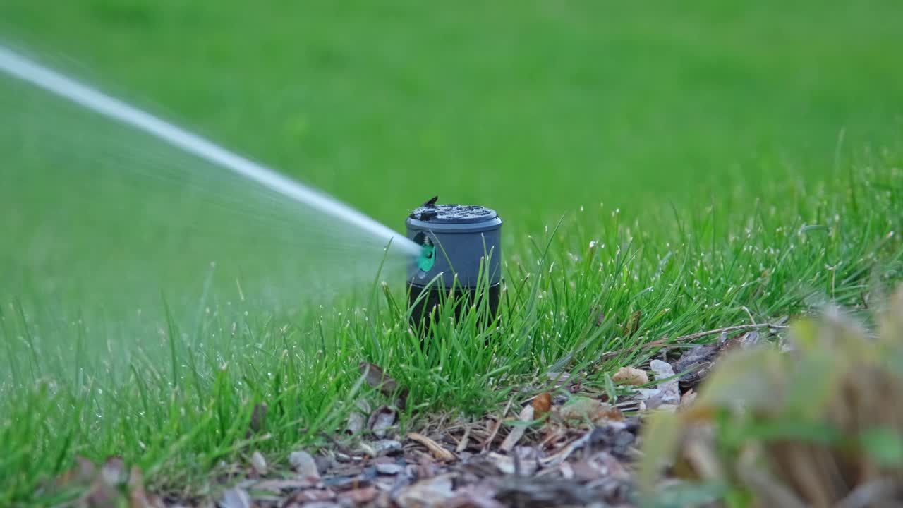 旋转可伸缩自动洒水器浇灌花园草坪视频素材