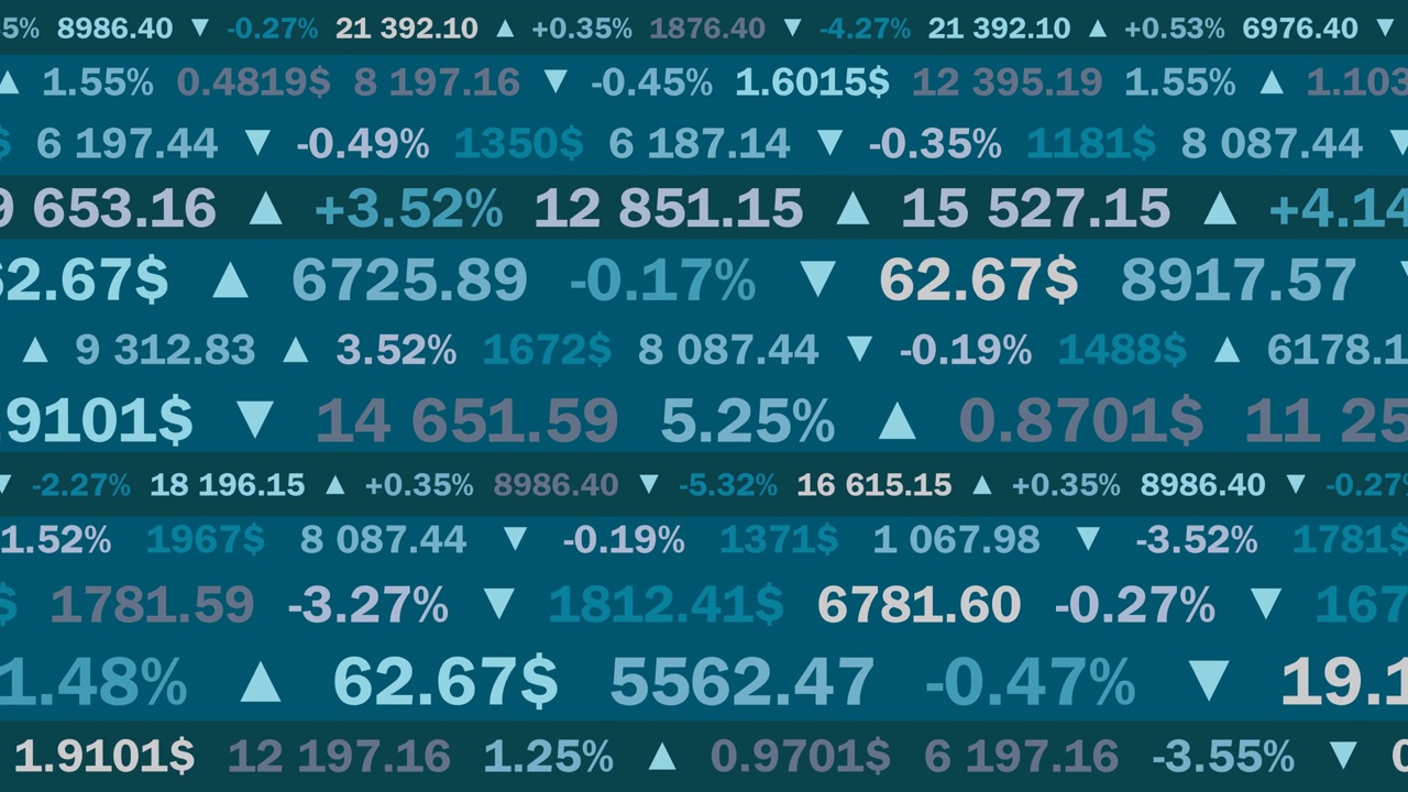 股票交易所报价与数字和百分比在蓝色背景-动画视频下载