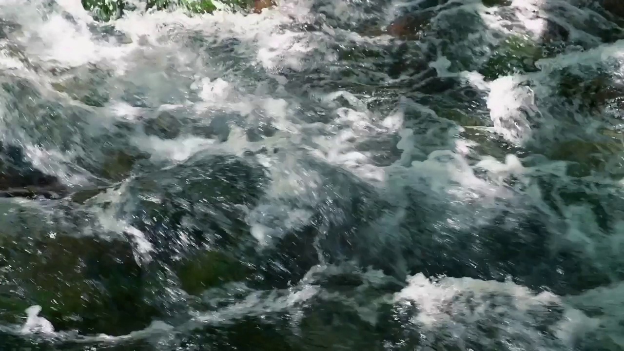 湍急的山间河流，水流湍急，形成白色泡沫的急流视频下载