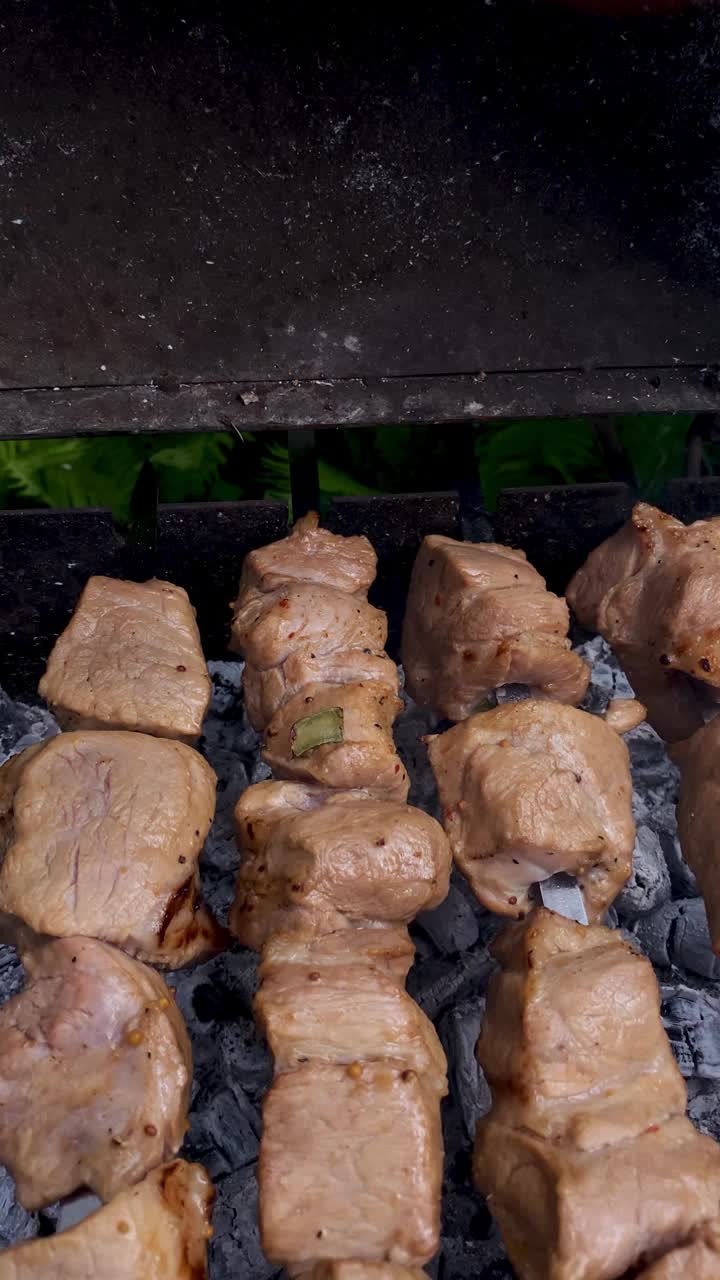 烧烤分步指南熟练烹饪嘶嘶声串。完美烤嫩肉。视频素材