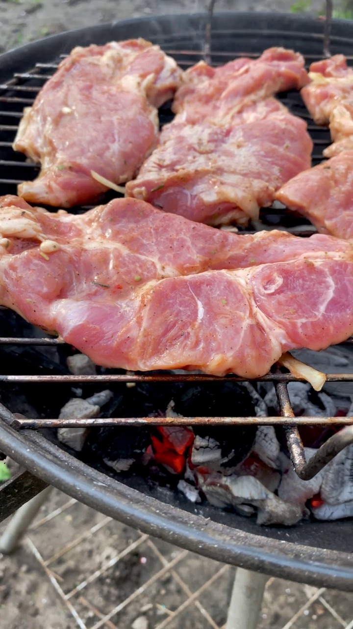 浓郁的香气和风味烧烤猪肉牛排在街边烧烤。多汁的猪肉牛排，在后院熟练烹饪。视频素材