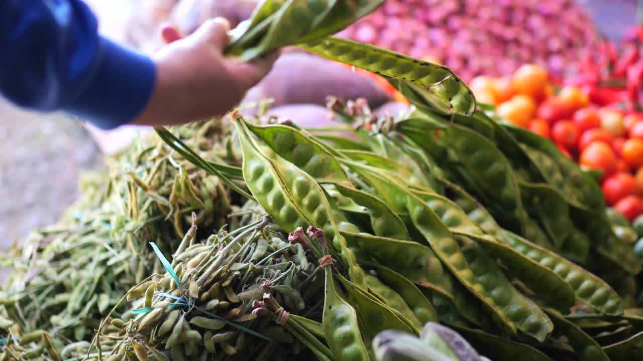 一名印尼妇女在传统的菜市场挑选Petai (Parkia Speciosa)。在当地市场购物。概念视频素材