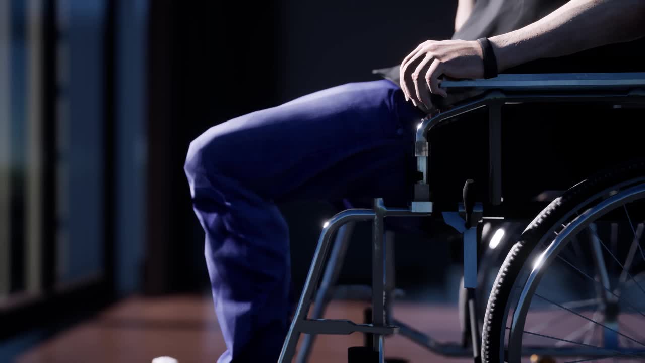 轮椅上坐着一个男人。视频素材