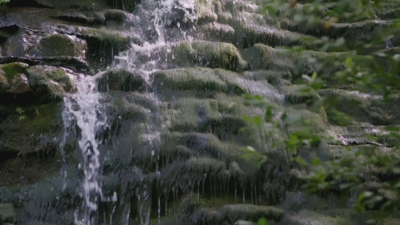 一股水流缓慢地沿着岩石流下。有创造力。溪水从山上的石头上流过。丛林中有一条缓慢的小溪流下来视频素材