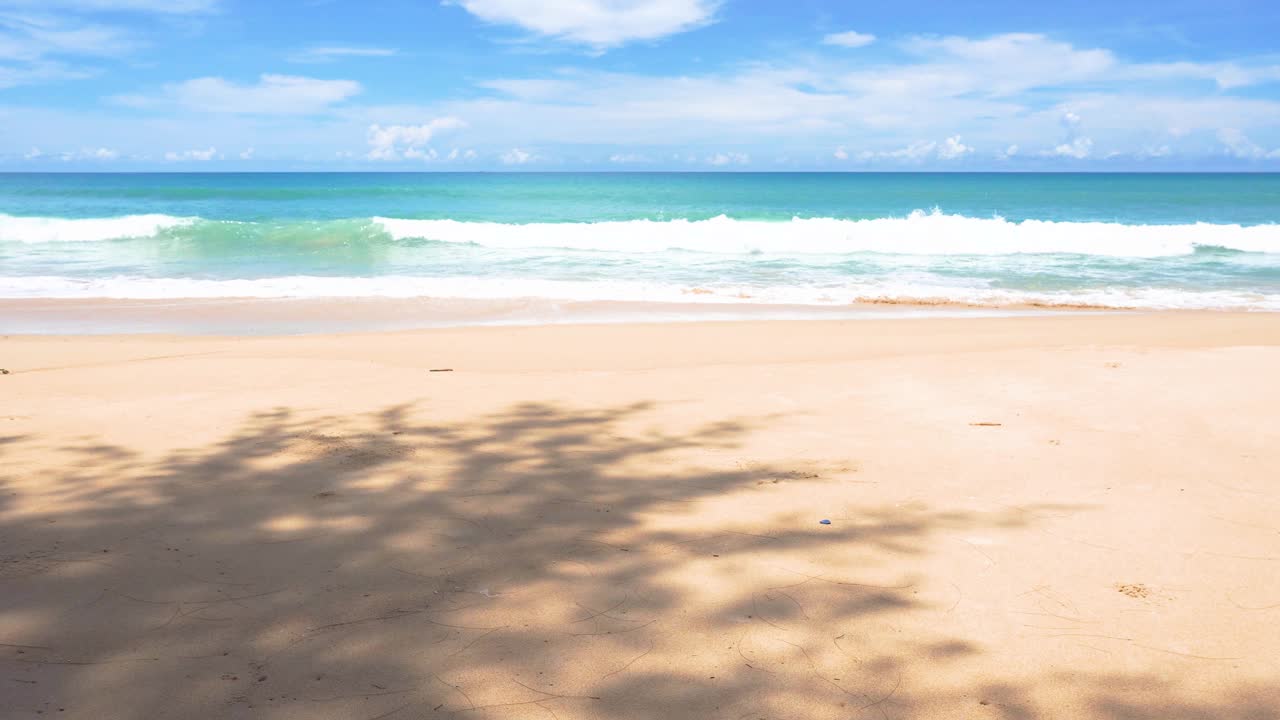 沙滩和海，沙滩上有树的影子，海滩海空间区视频素材