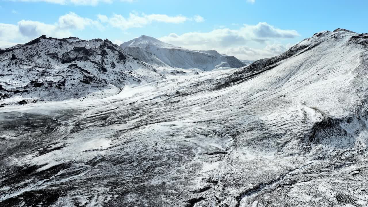 蓝天下冰岛雪山山脉景观鸟瞰图。史诗全景背景4k冬季无人机镜头。视频素材