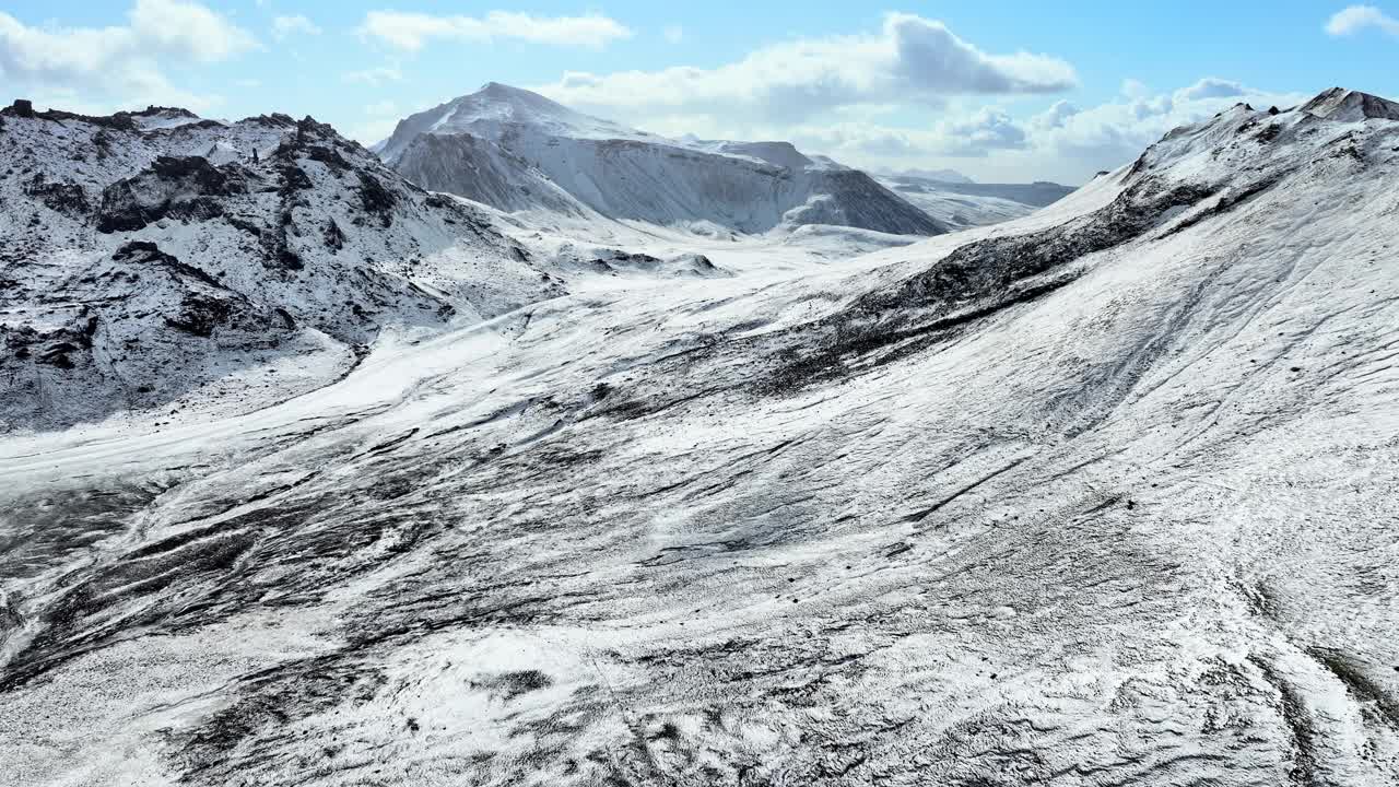 蓝天下冰岛雪山山脉景观鸟瞰图。史诗全景背景4k冬季无人机镜头。视频素材