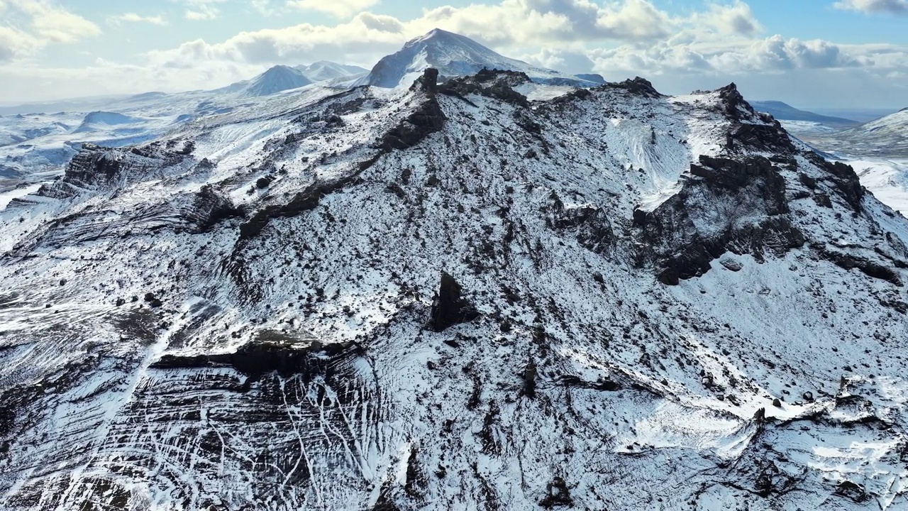 蓝天下冰岛雪山山脉景观鸟瞰图。史诗全景背景4k冬季无人机镜头。视频素材