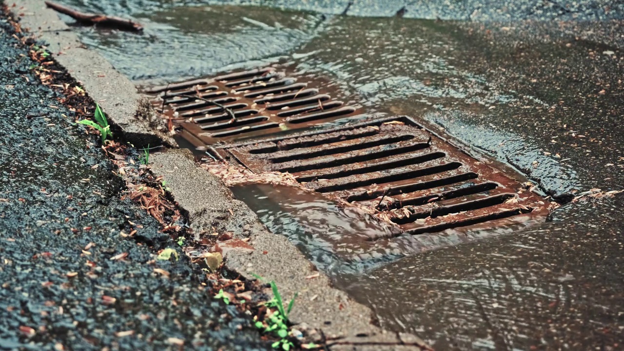 雨水顺着街道雨水下水道排水口流下视频素材