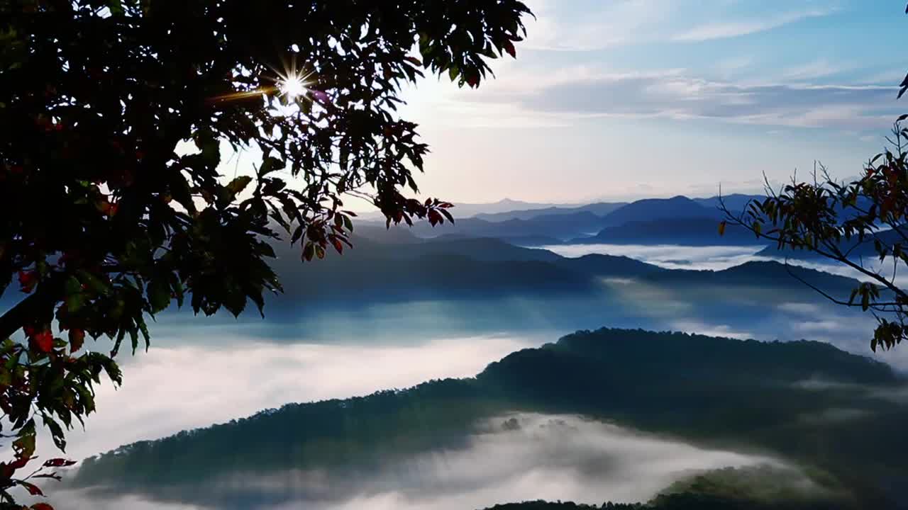 在雾蒙蒙的天气里，美丽的山林景观视频素材