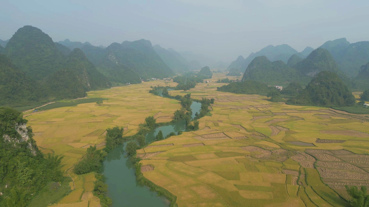 空中俯瞰新鲜的水稻梯田，绿色的农田在农村或农村地区曹邦，山丘陵山谷在亚洲，越南，中国边境。自然景观背景。视频素材