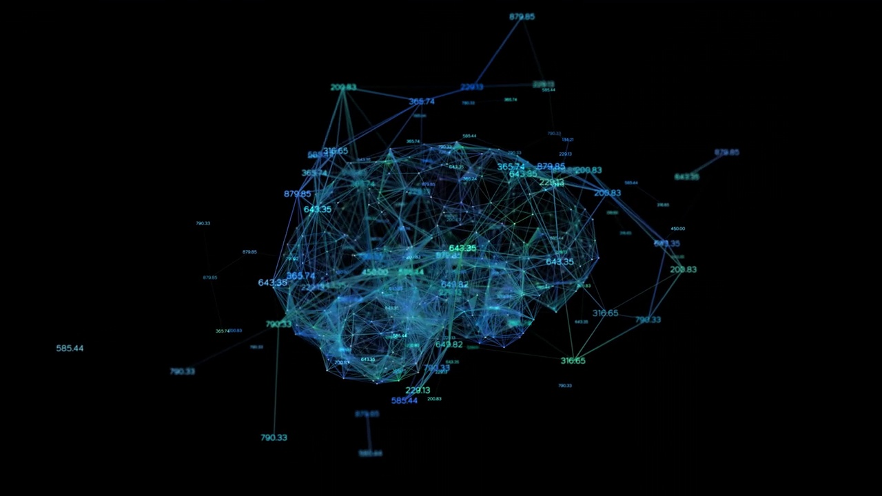 数字脑和数字运行，神经网络点和线动画。60 FPS 3D渲染透明背景。阿尔法频道准备好了。视频素材