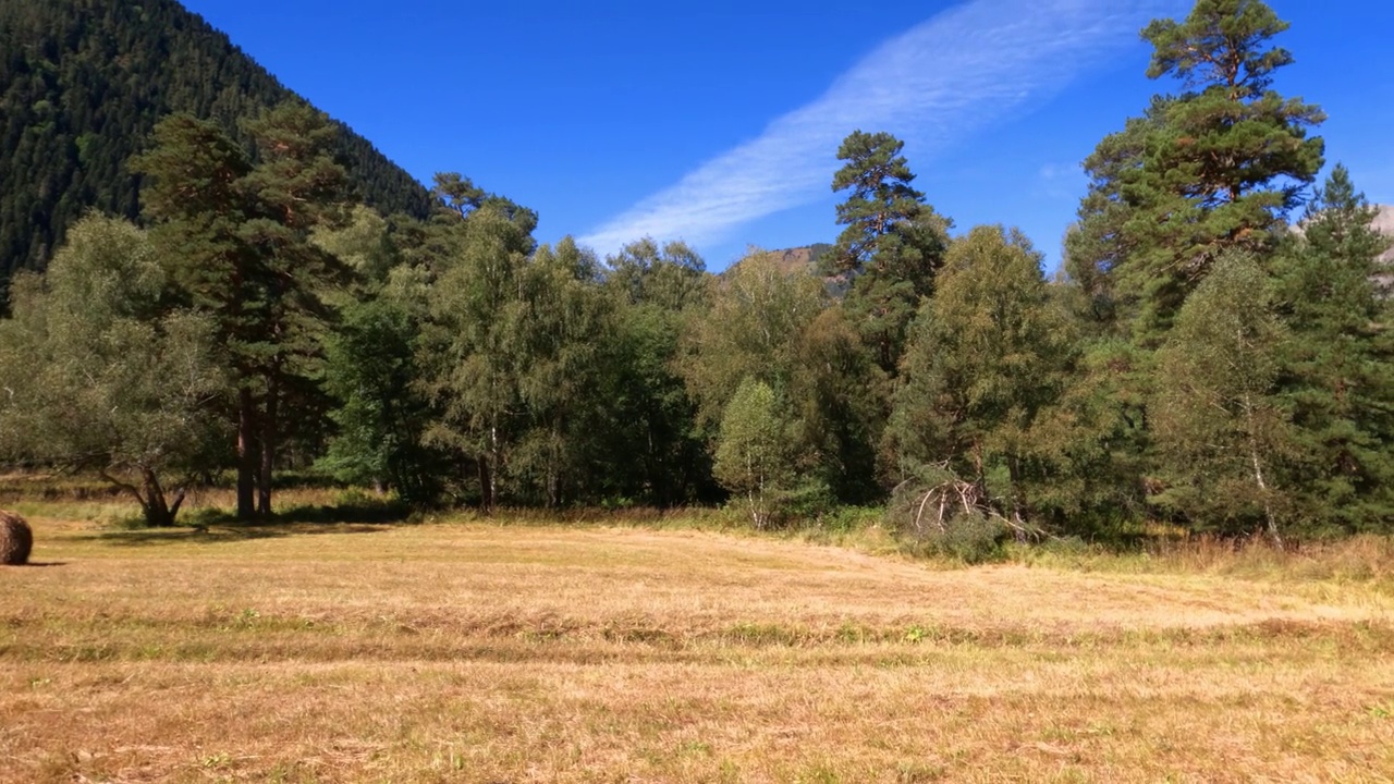 在阿尔赫兹的高山草地上的公路，有干草堆视频素材