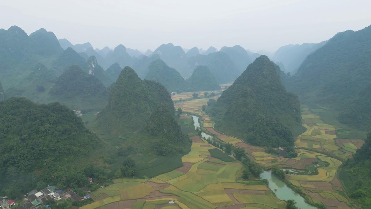 空中俯瞰新鲜的水稻梯田，绿色的农田在农村或农村地区曹邦，山丘陵山谷在亚洲，越南，中国边境。自然景观背景。视频素材