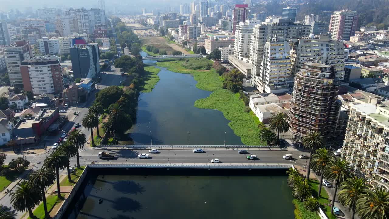 航拍无人机在河上向后飞行，河上有两座桥，背景是城市视频素材