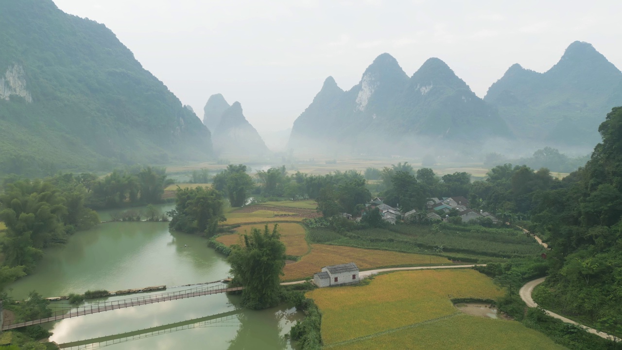 空中俯瞰新鲜的水稻梯田，绿色的农田在农村或农村地区曹邦，山丘陵山谷在亚洲，越南，中国边境。自然景观背景。视频素材