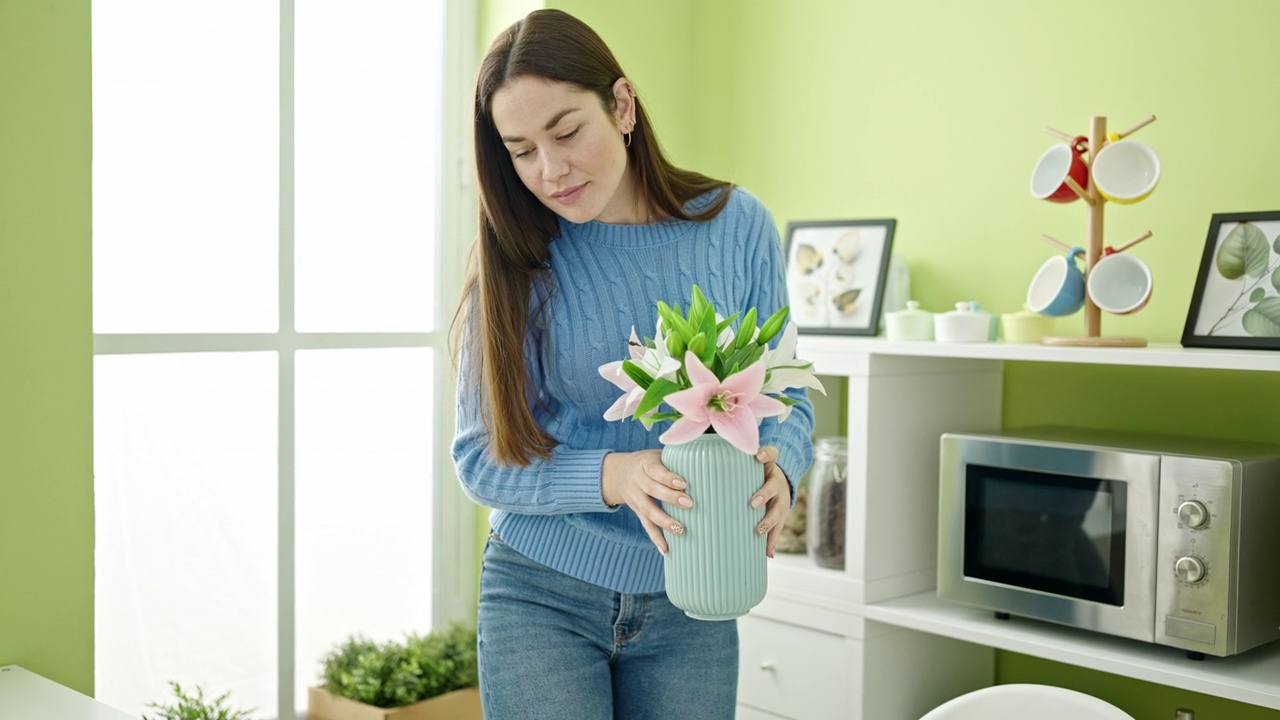 年轻的白人妇女在餐厅把花盆放在桌子上视频素材