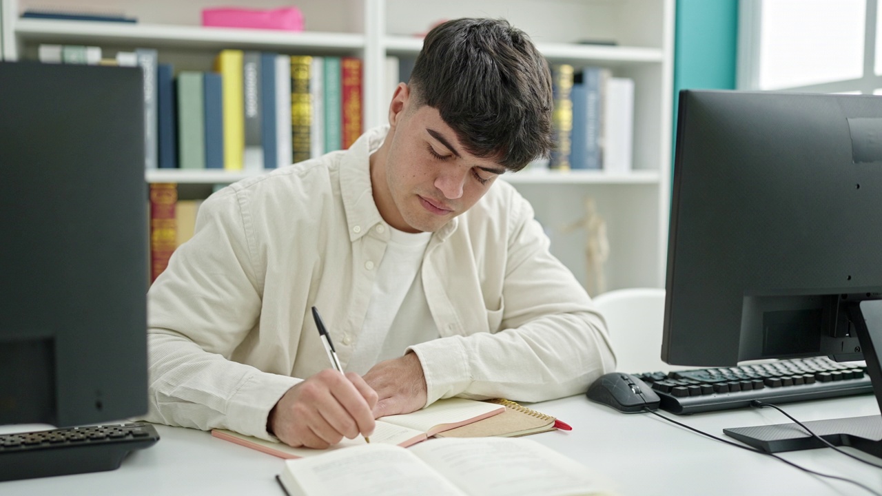 年轻的西班牙裔学生微笑着自信地在图书馆大学写笔记视频素材