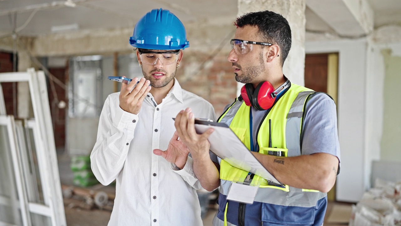 建筑工人和建筑师在工地用智能手机写文件，发送语音信息视频素材