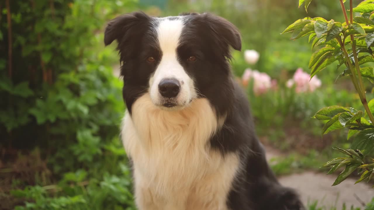 户外肖像可爱的微笑小狗边境牧羊犬坐在公园的背景。在阳光明媚的夏日里，小狗的脸很有趣。宠物护理和有趣的动物生活理念。视频素材