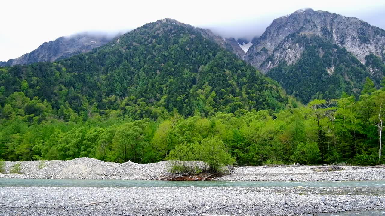 五月的上高知县，在明津桥和德泽之间，有阿草河和清新的绿色森林视频素材