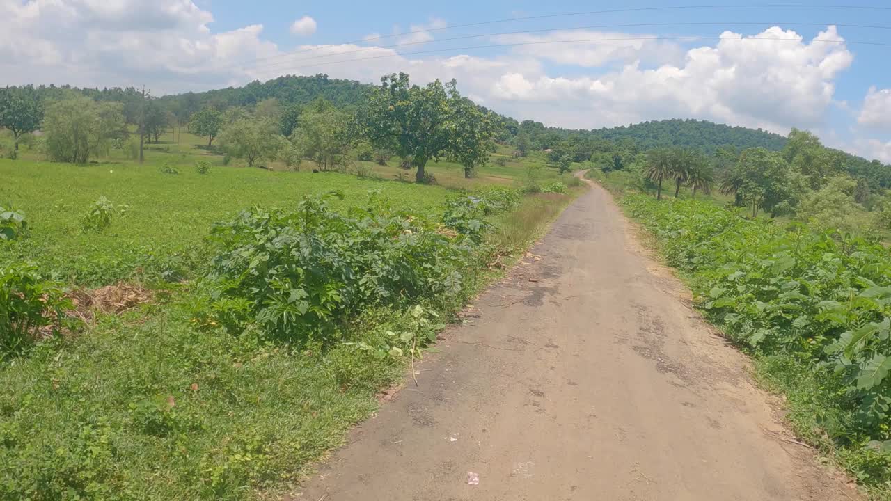 美丽的孟加拉乡村道路，有一些装饰的乡村传统房屋。道路两侧是稻田和森林，背景是小山。视频素材