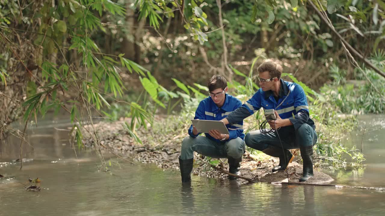 两名男性生物学家在当地的一条河里测试水。生态学家们穿着休闲服，在湖上探险，取水样。视频素材