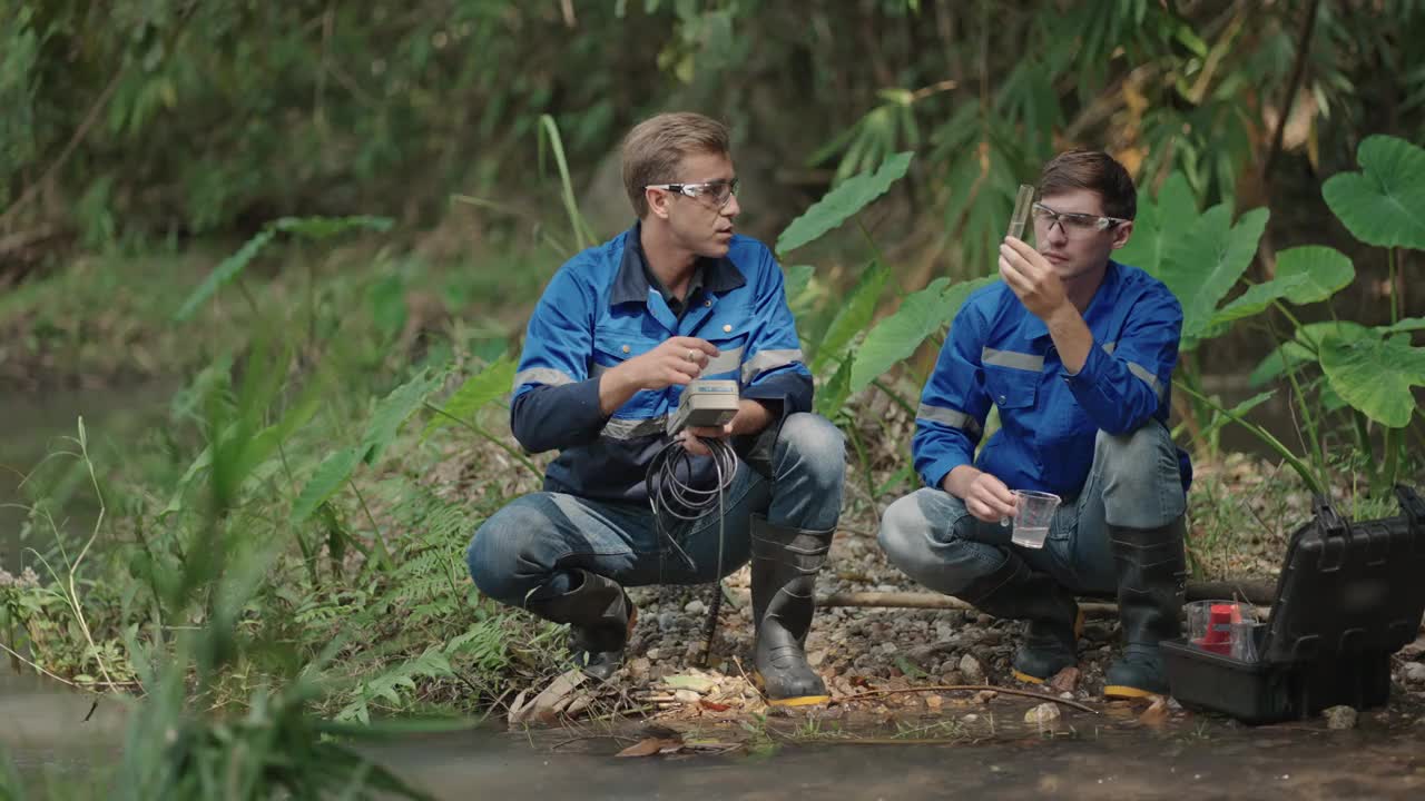 两名男性生物学家在当地的一条河里测试水。生态学家们穿着休闲服，在湖上探险，取水样。视频素材