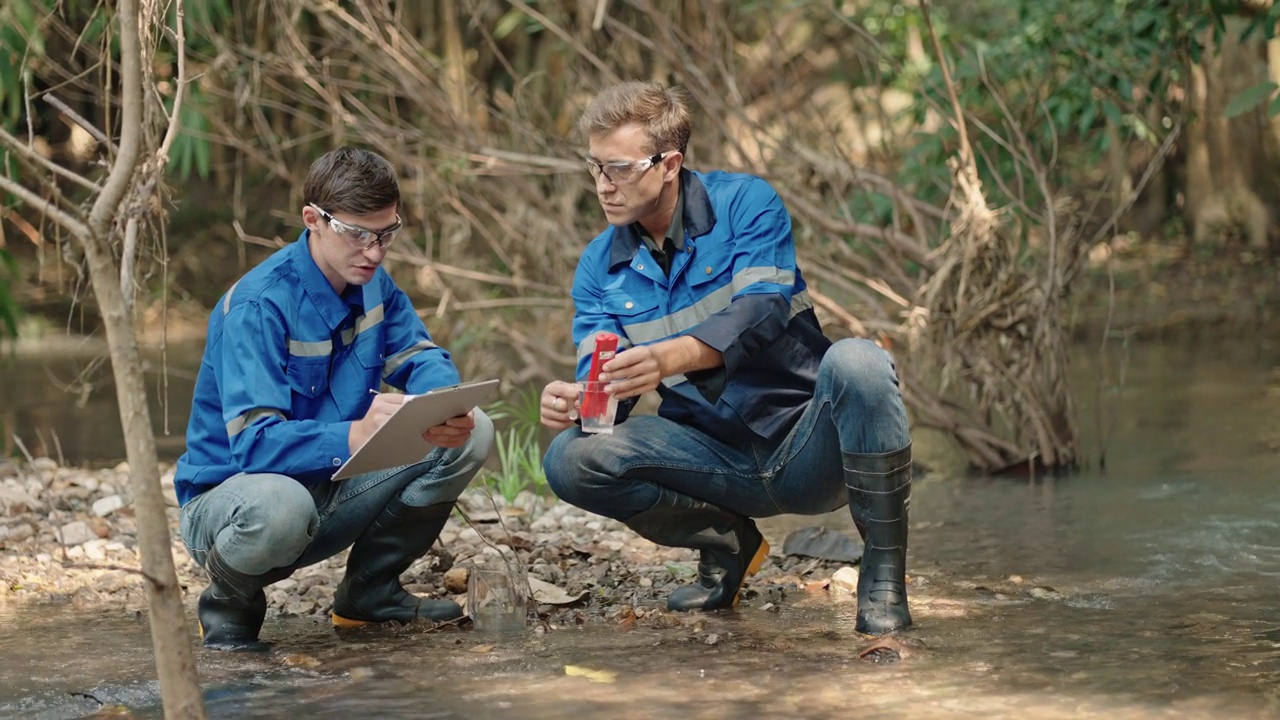 两名男性生物学家在当地的一条河里测试水。生态学家们穿着休闲服，在湖上探险，取水样。视频下载