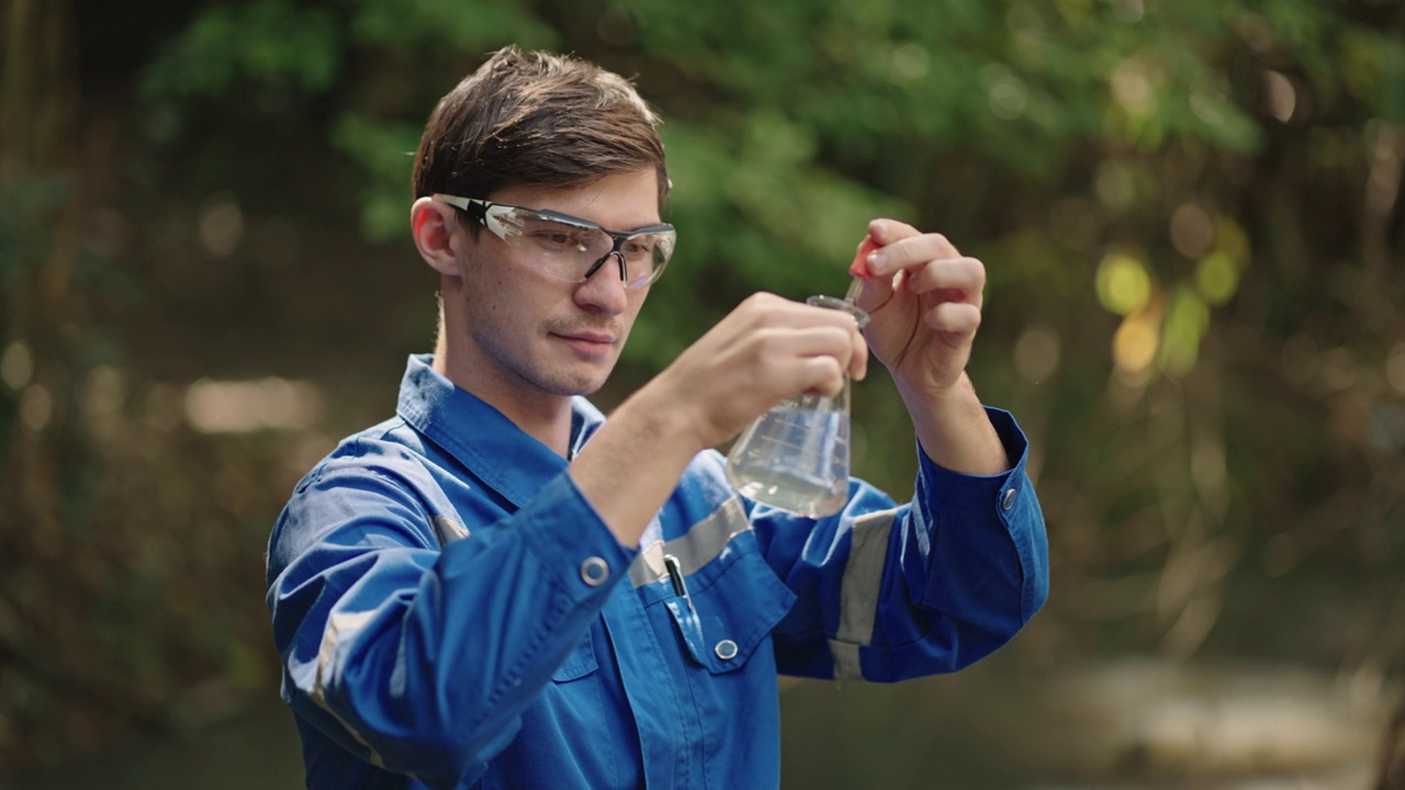 两名男性生物学家在当地的一条河里测试水。生态学家们穿着休闲服，在湖上探险，取水样。视频下载